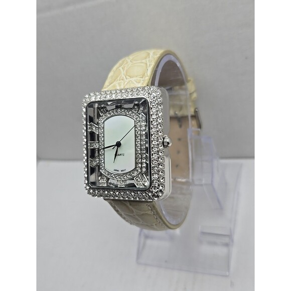Adrienne Womens Rhinestone Open Square Watch Cream Croc Leather New Battery - Picture 2 of 12
